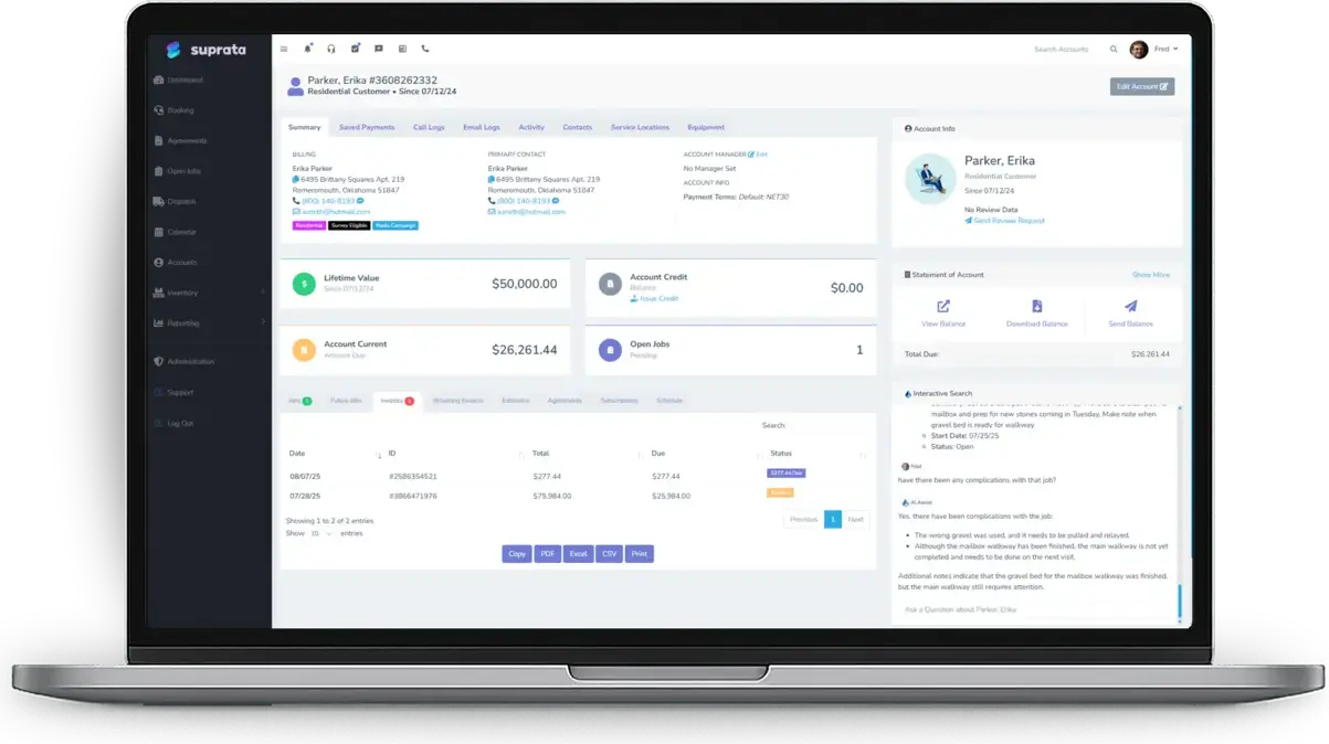 A client account with contacts, open tickets, jobs and balance.
