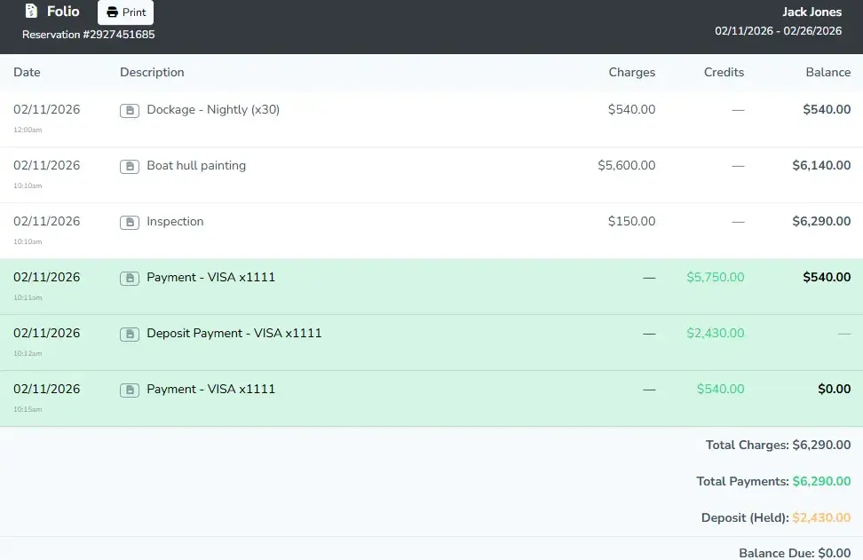 A tenant's folio: dockage charges, payments and the running balance in one ledger.