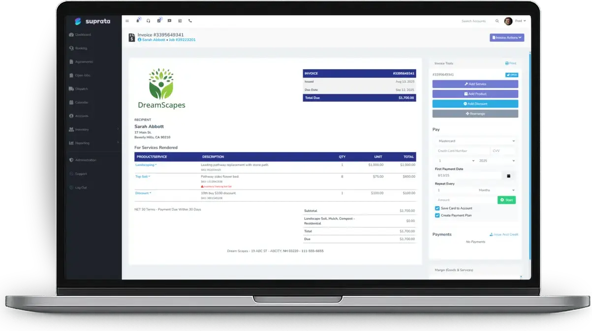 The invoice a finished landscaping visit produces, with a pay link that needs no login.
