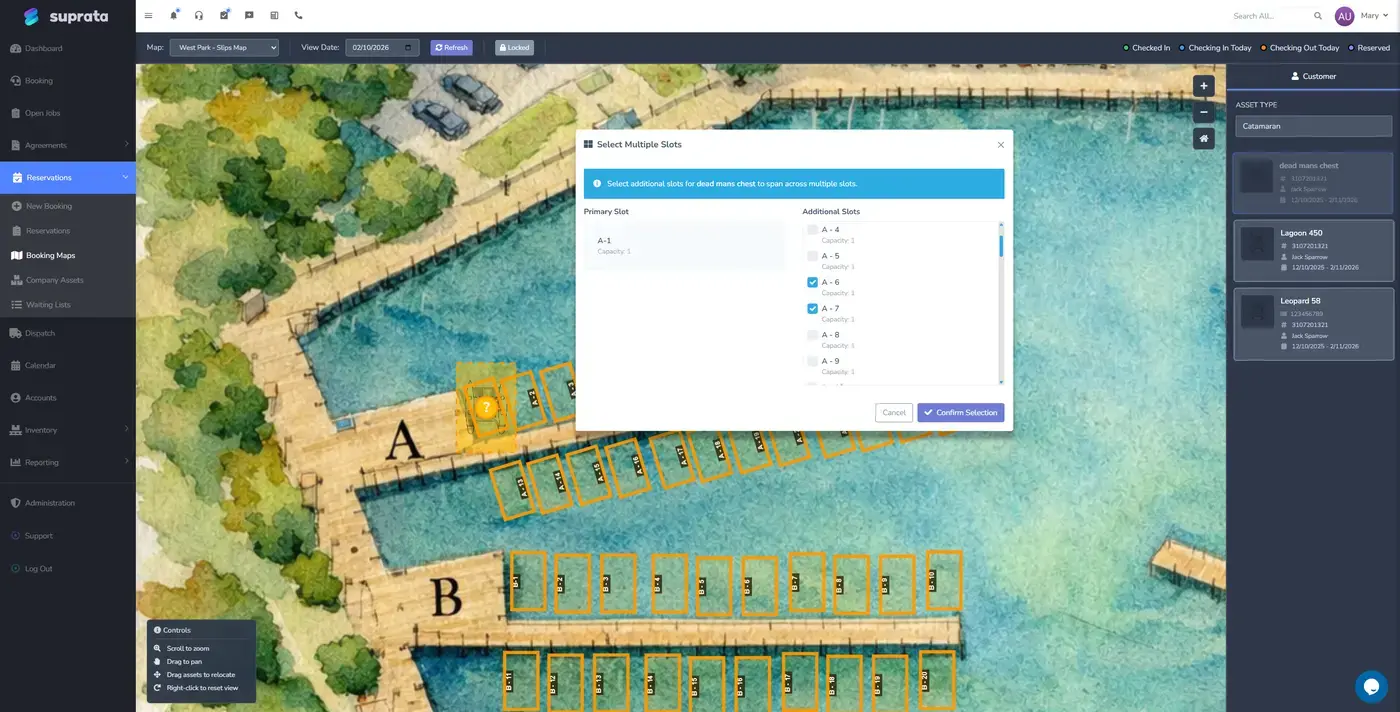 Booking a space straight from the property map, with the space's details alongside.