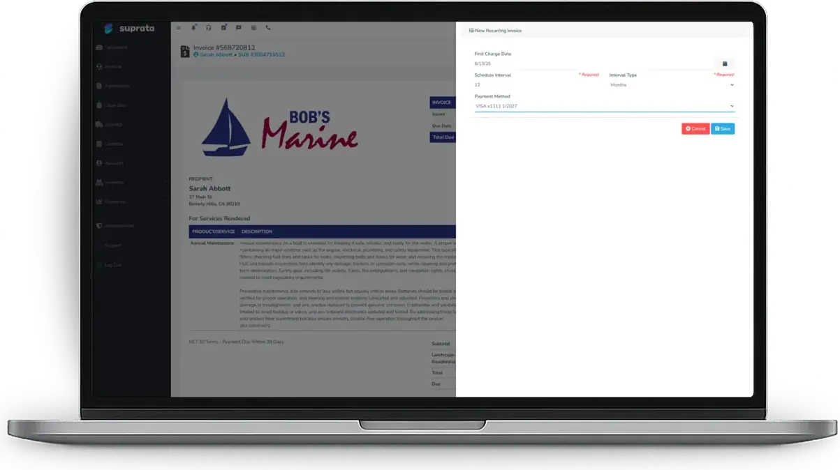 A recurring invoice for a marine customer, the same billing a seasonal dock plan uses.