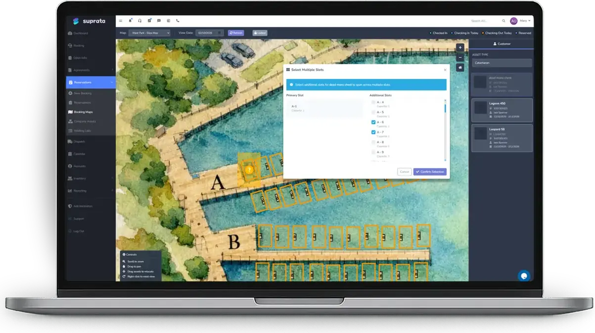 The property map, where each slip and storage spot shows its booking status.