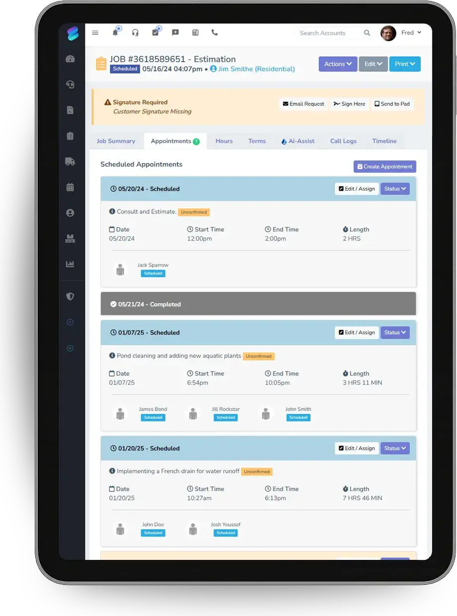 The day's appointments on a tablet: measure visits and install crews.