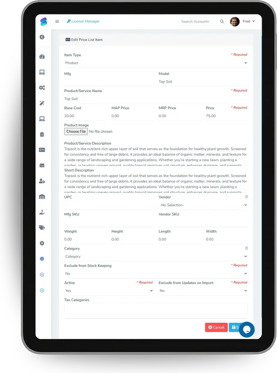 A price list item on a tablet, the kind of tile used to tap together a deck quote.