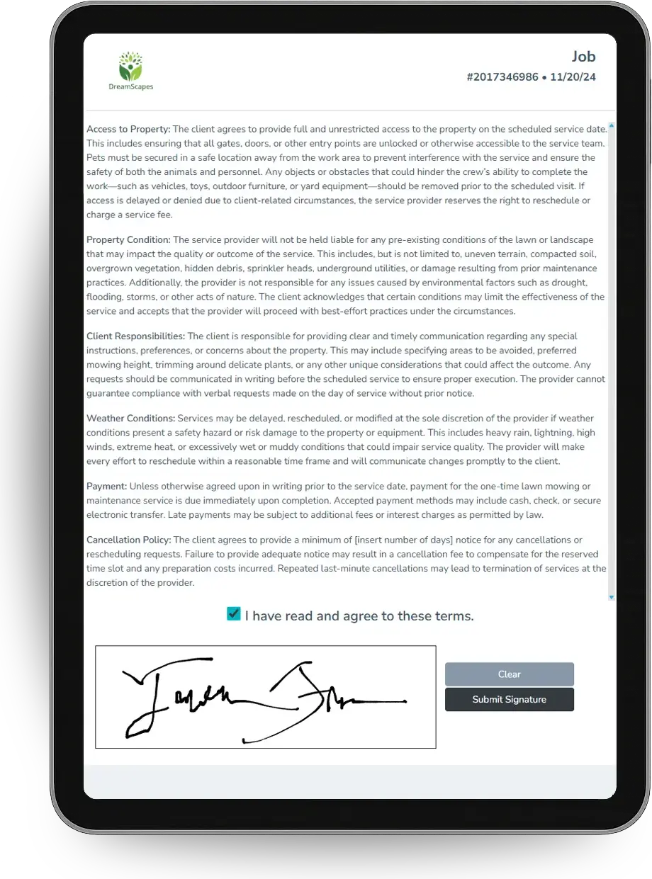 A signed agreement on a tablet, captured on the customer's roof or kitchen table.