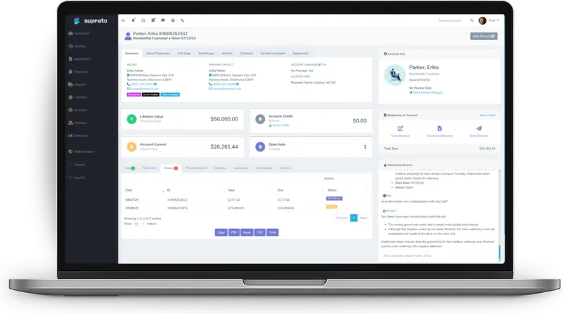 Suprata customer account page with lifetime value, account credit, balance, open jobs, contact details and an AI interactive search panel