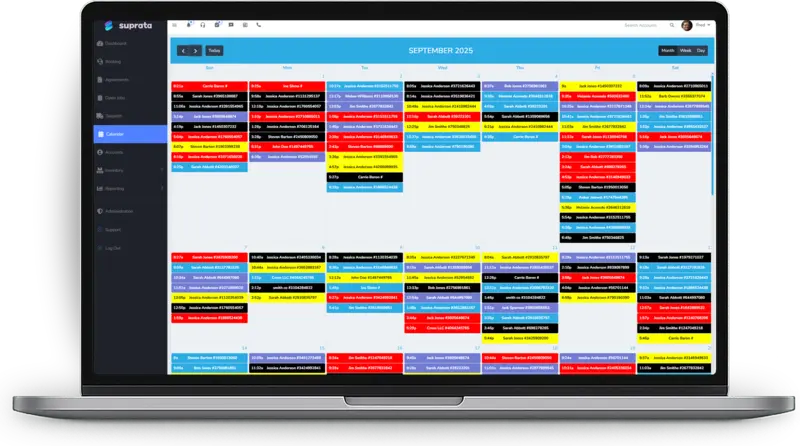 Suprata month calendar filled with color-coded jobs and appointments
