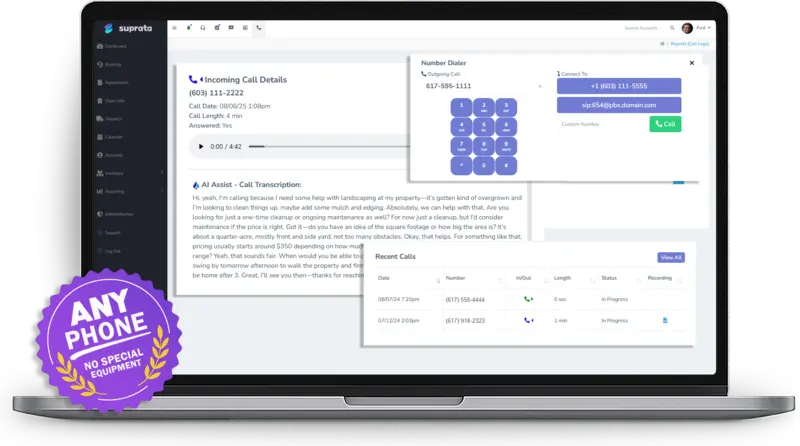 Suprata incoming call details with a recording, an AI-Assist call transcription and a dialer