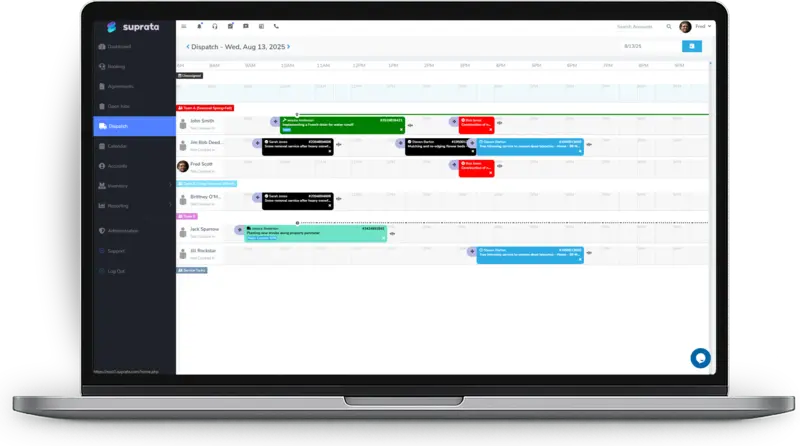 Suprata dispatch board with jobs laid out by technician across the day in color-coded blocks