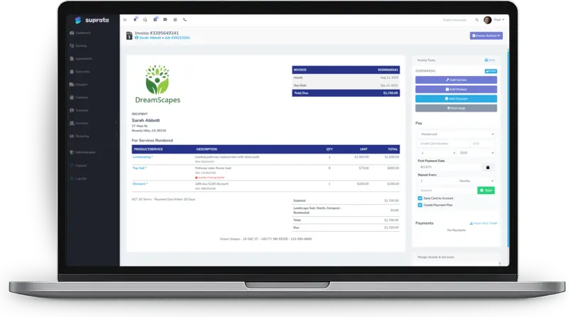 A Suprata invoice with a payment panel for card details, a payment plan option and save-card checkbox