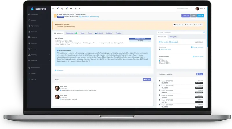 Suprata Suite job record showing job details, an AI summary, notes, the customer account and the job's invoices on one screen