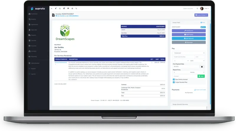 A Suprata invoice with the payment panel open, ready to charge a card or start a payment plan
