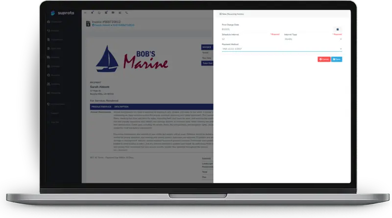 A Suprata invoice with a new recurring invoice panel for the first charge date, interval and saved card