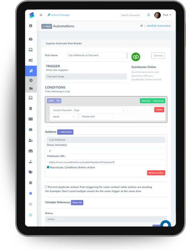 Suprata automation rule builder on a tablet with a trigger, conditions and a webhook action