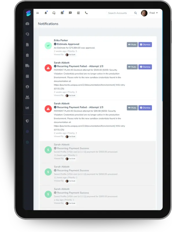 Suprata notification feed on a tablet showing an approved estimate and recurring payment alerts that need action
