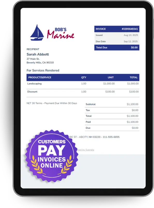 A customer invoice on a tablet marked paid, with a badge reading Customers pay invoices online
