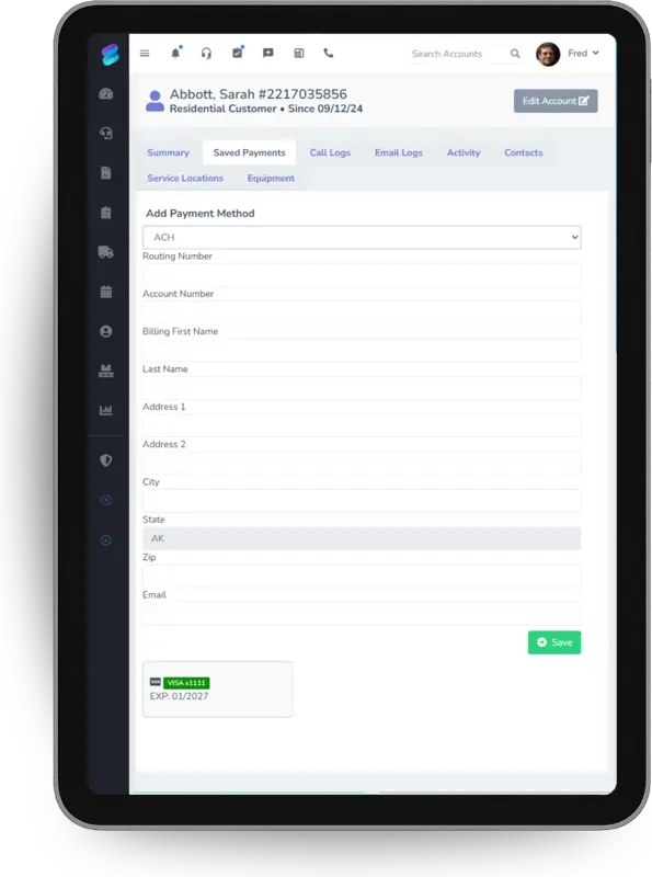 Adding an ACH bank account as a saved payment method on a customer account, on a tablet