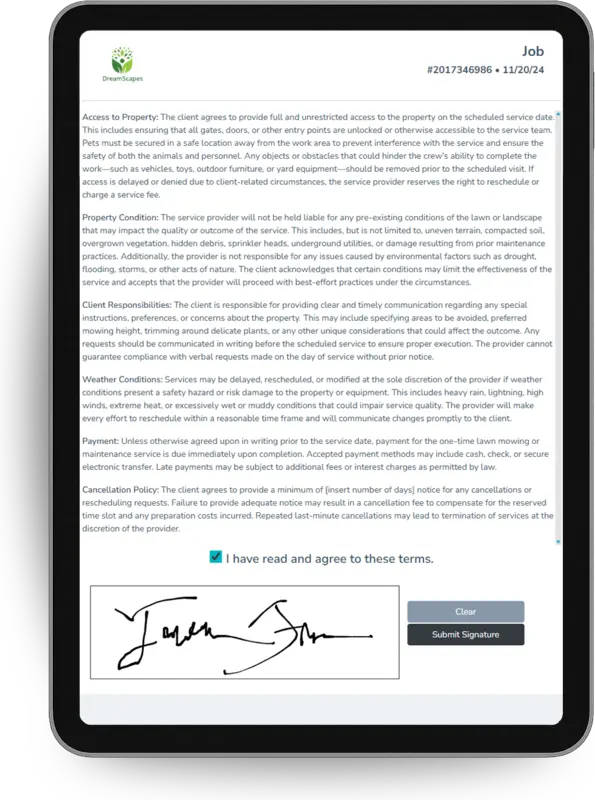 A job agreement on a tablet with the customer's signature captured on screen