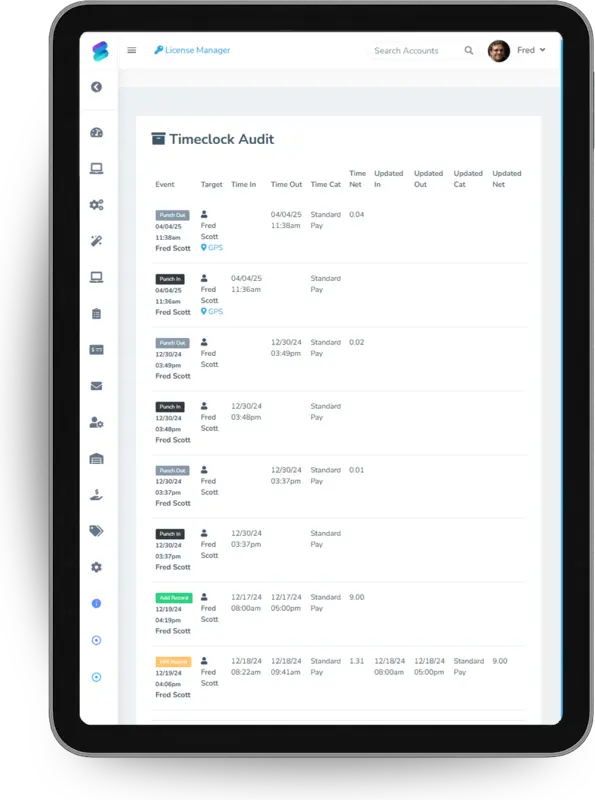 A time clock audit on a tablet showing each punch and every edit to it