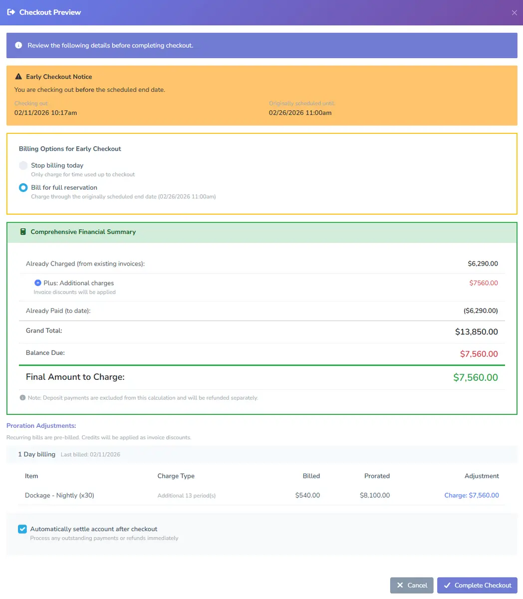 An early checkout preview with billing options, a financial summary, proration adjustments and an option to settle the account automatically