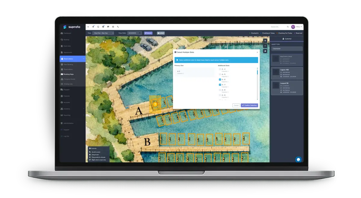 Suprata booking map showing docks A and B on a watercolor marina plan, with a dialog to book one boat across several slips