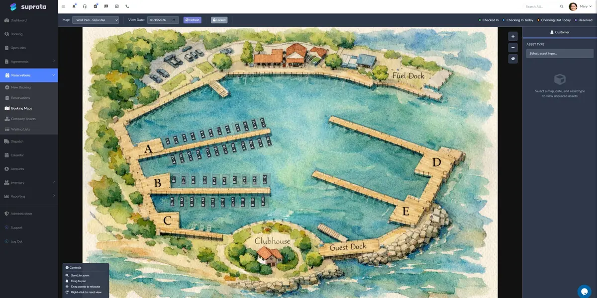 A watercolor marina plan with docks, a fuel dock, guest dock and clubhouse in Suprata