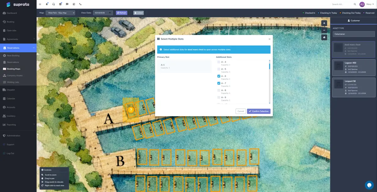 Suprata booking map with orange slip outlines on docks A and B, and a dialog that books one boat across several slips