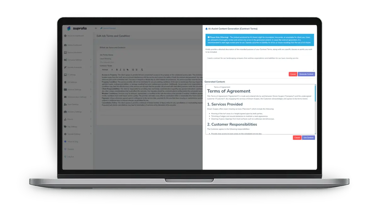 A contract terms editor with an AI-generated terms of agreement