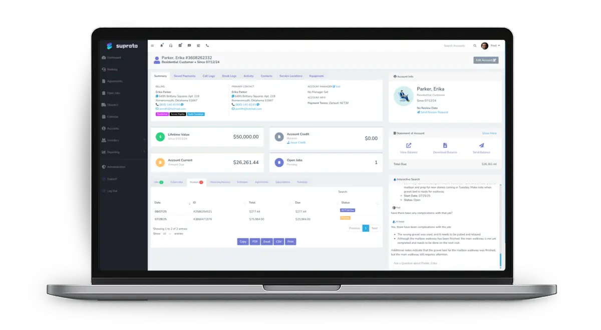 A customer account showing lifetime value, balance and recent activity