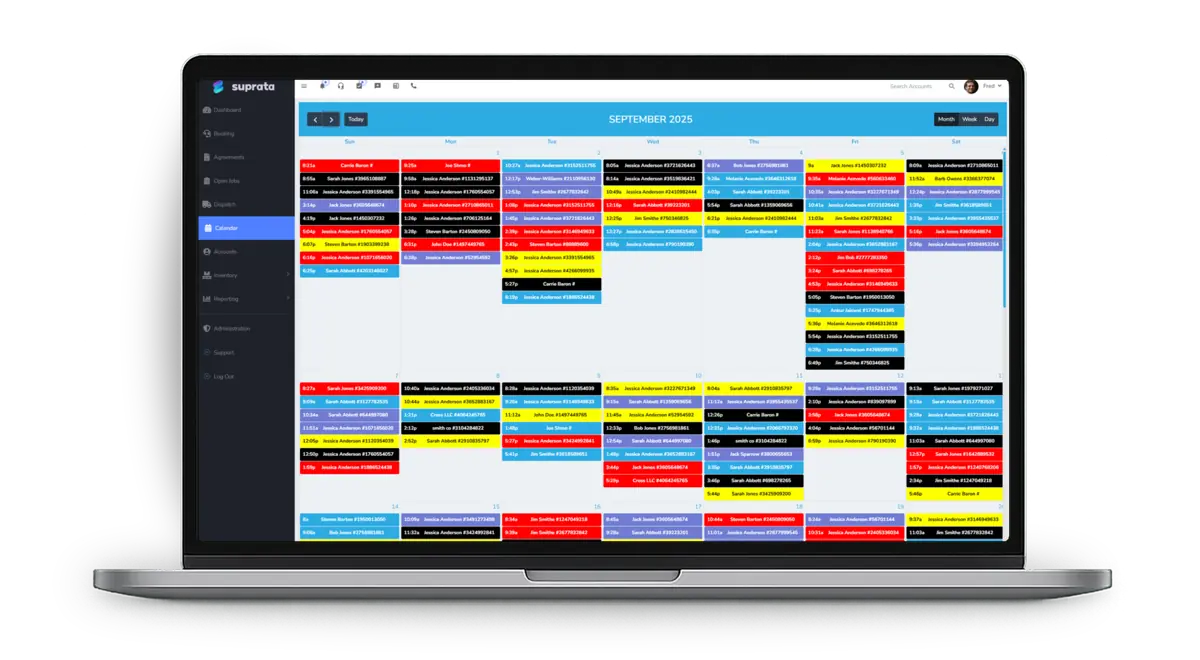 A month view of a color-coded dispatch calendar