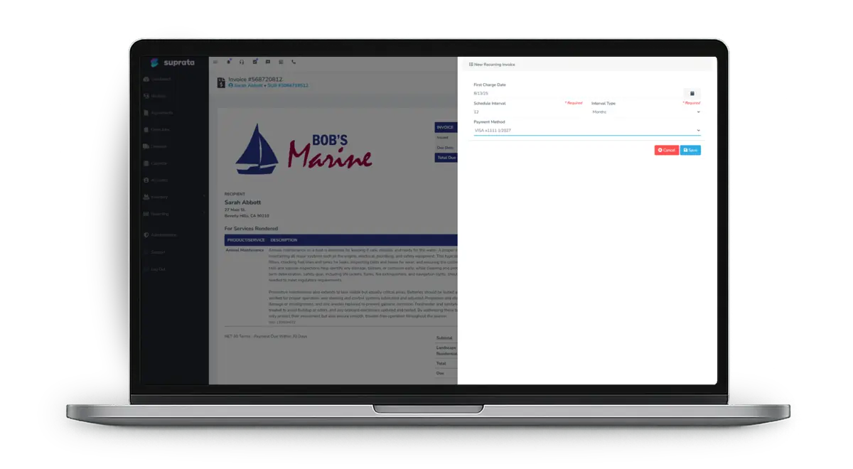 An invoice for a demo marine company with a recurring charge form beside it