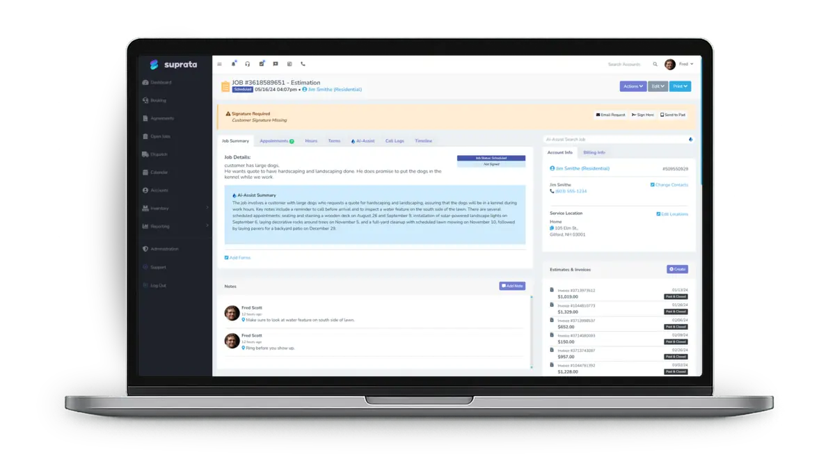 A job record in Suprata with an AI job summary, notes and line items