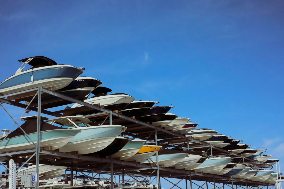 Powerboats stored on multi-level outdoor racks