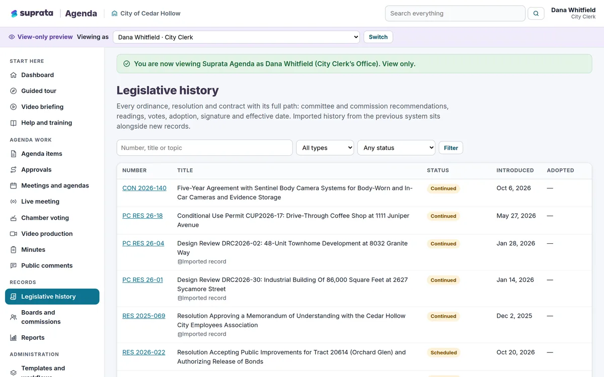 Agenda — legislation tracking