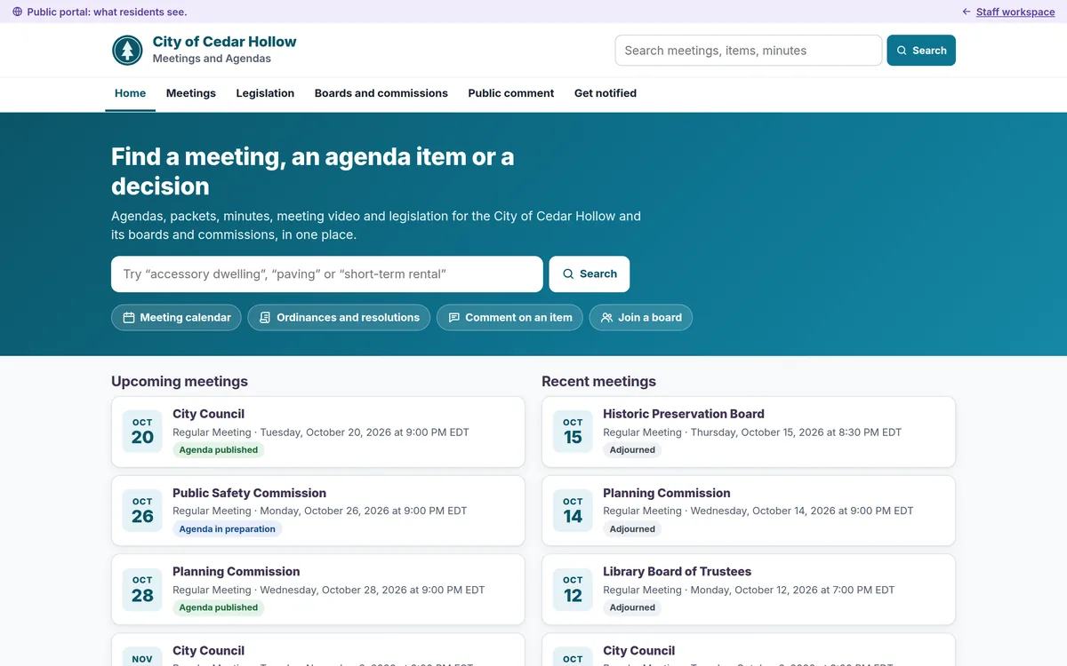 Agenda — public meeting portal on a phone