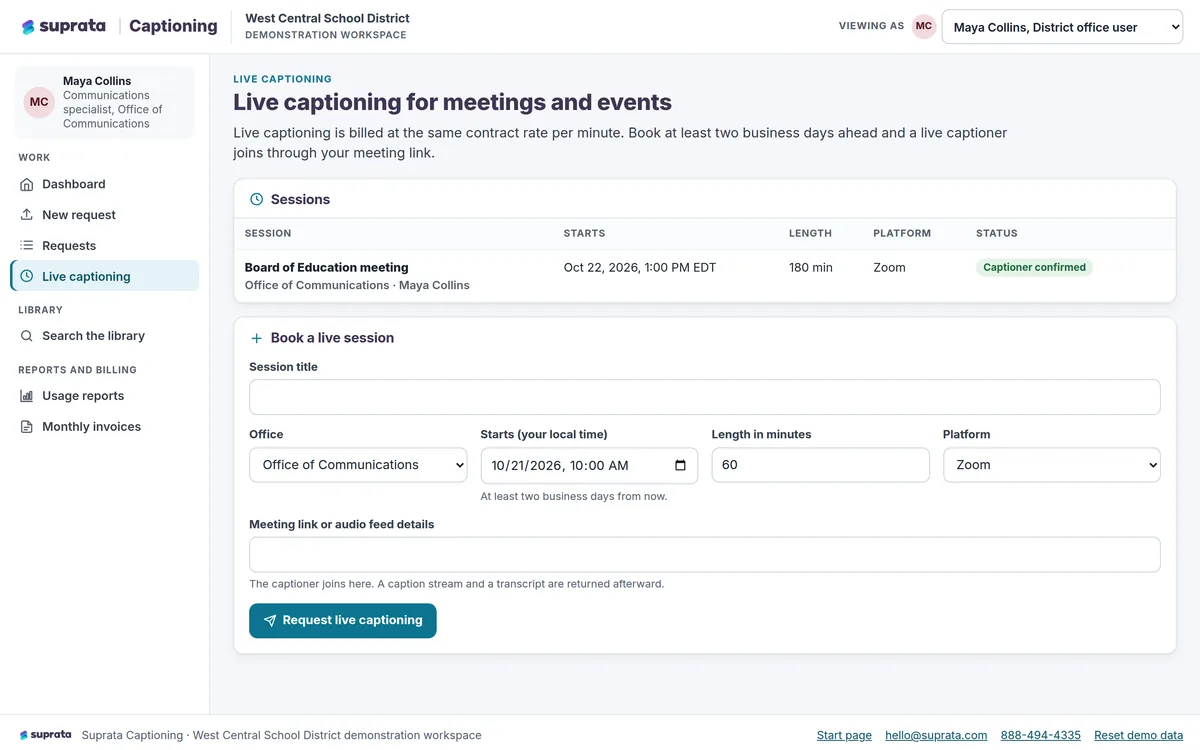 Captioning — live captioning sessions