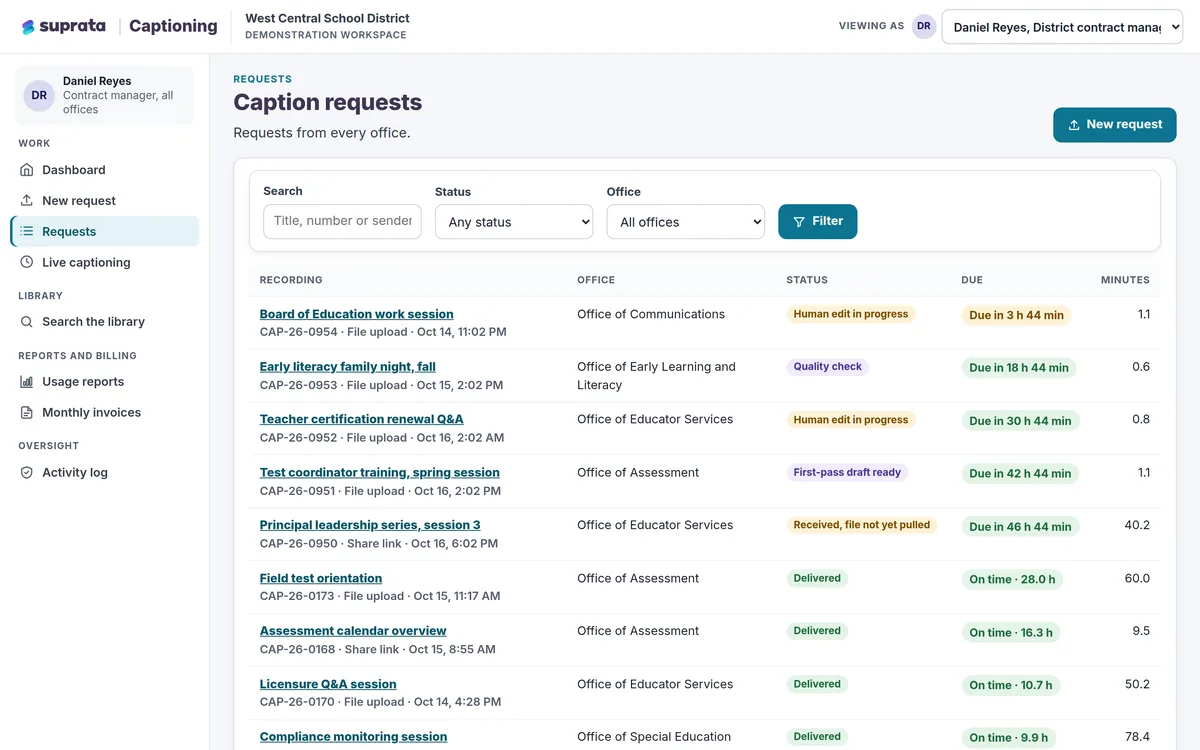 Captioning — request list with 48-hour countdowns