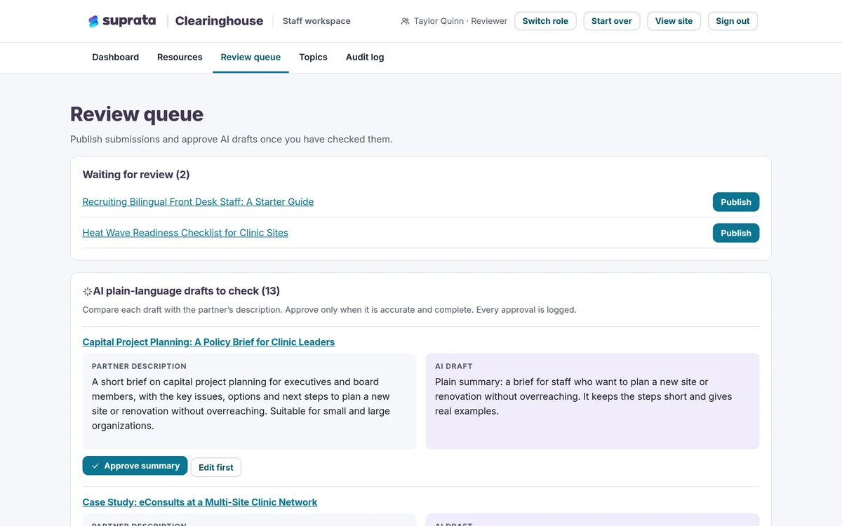 Clearinghouse — AI summary review queue
