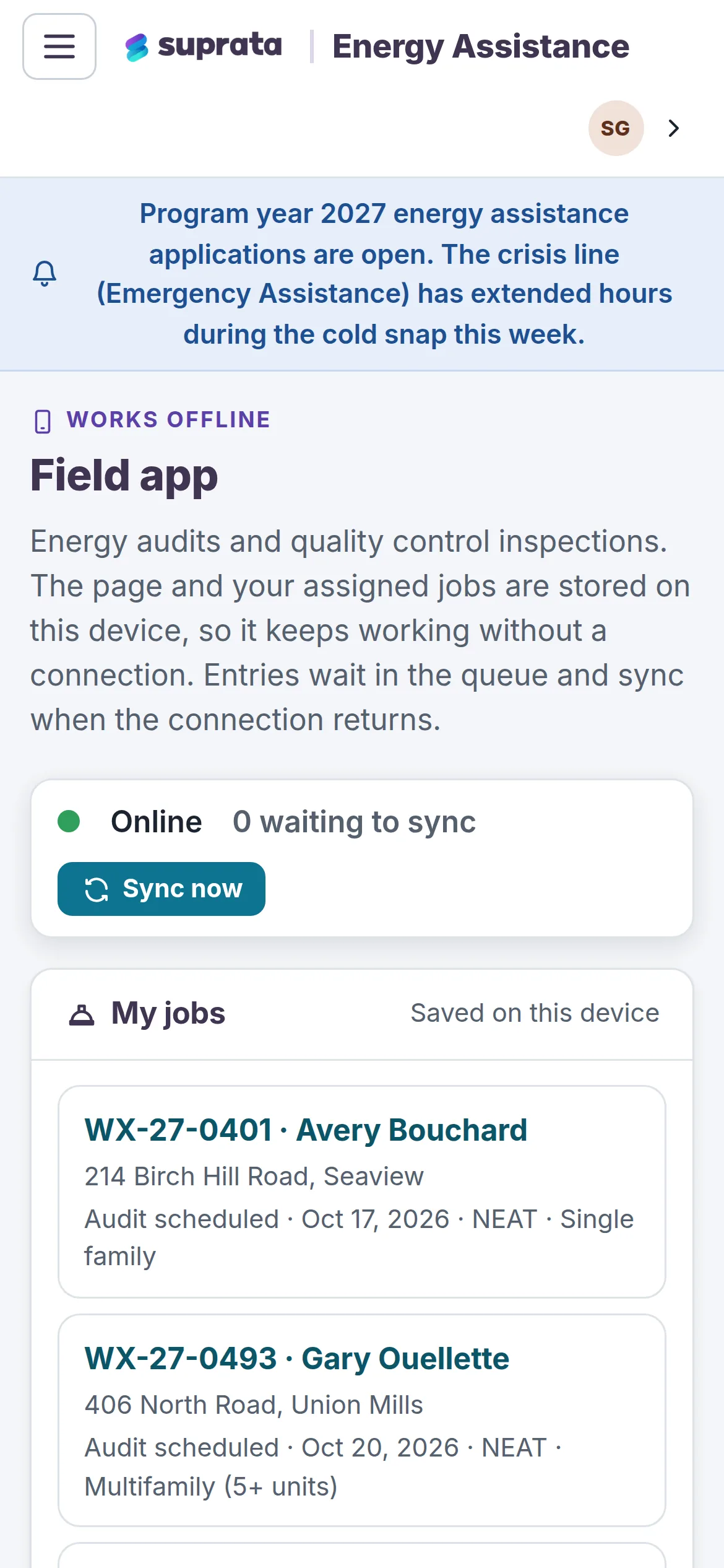 Assigned home audits saved to the device, in Suprata Energy Assistance.