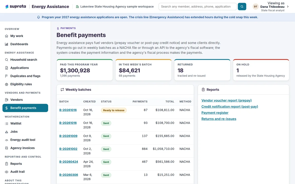 Energy Assistance — weekly payment batches