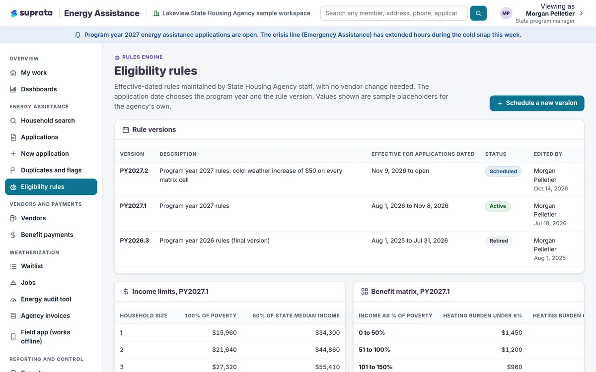 Rules that change on a date: Eligibility rules versioned by effective date, so each application is judged by the rules in force when it arrived.