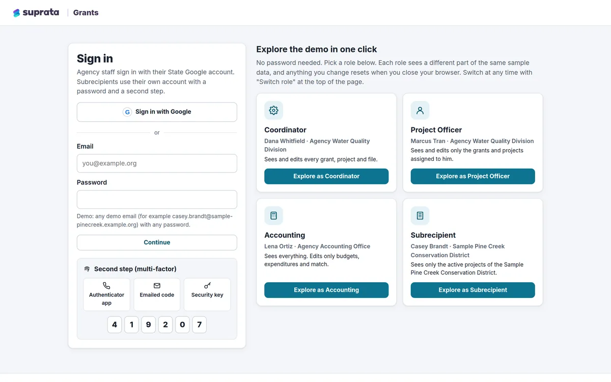 Grants — sign-in with single sign-on and two-step options