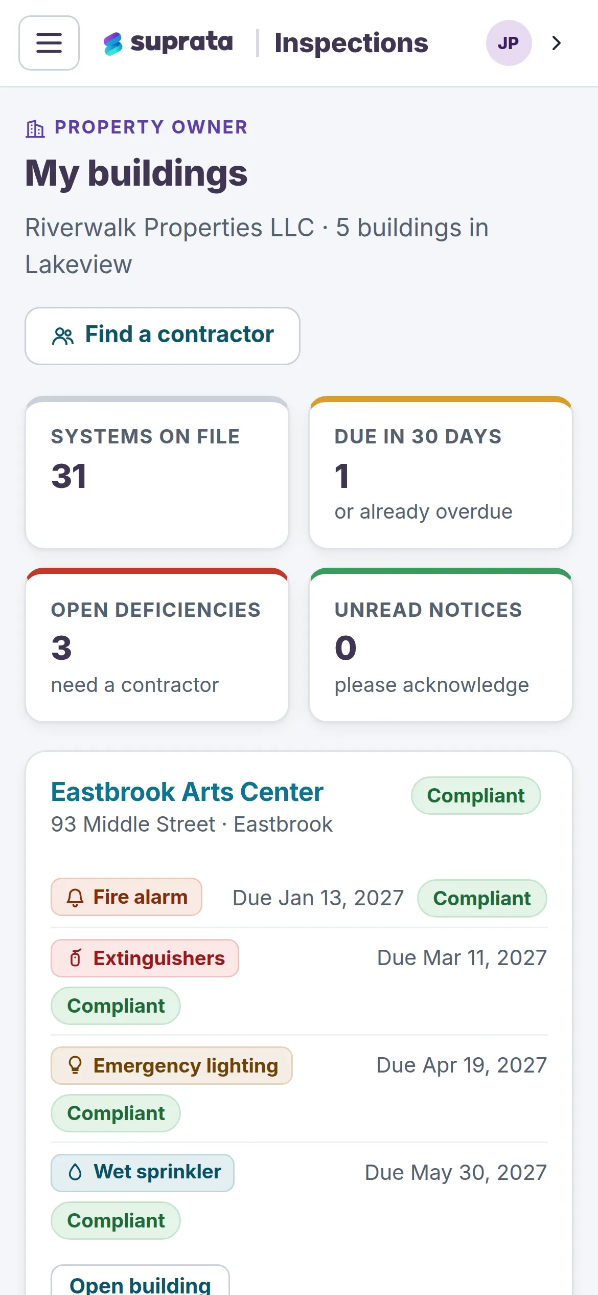 Systems, due dates and deficiencies, in Suprata Inspections.