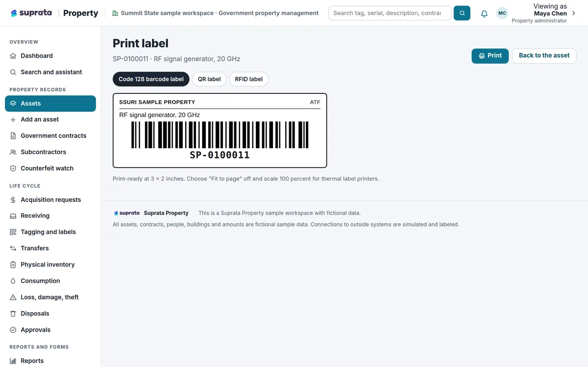Property — asset tag labels