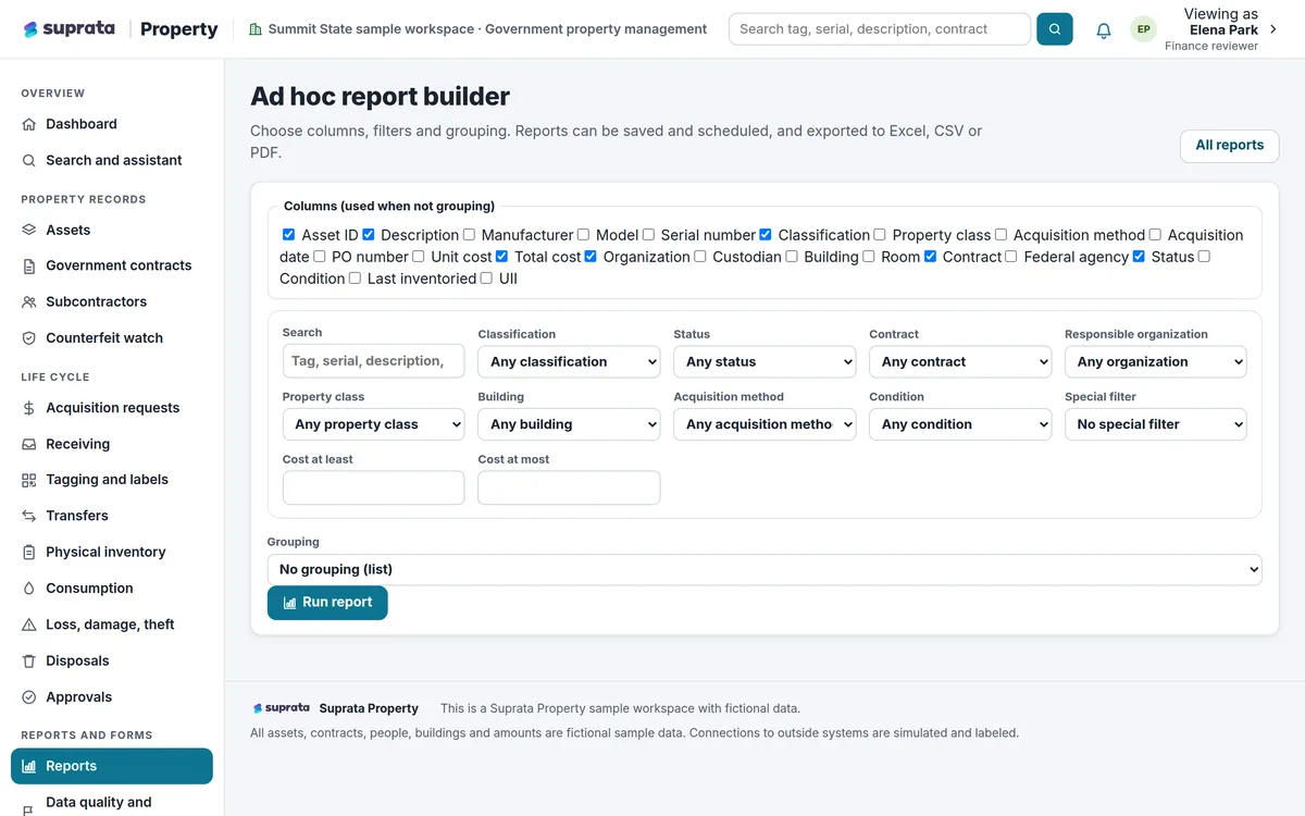 An ad hoc report builder with column checkboxes, filters and grouping options