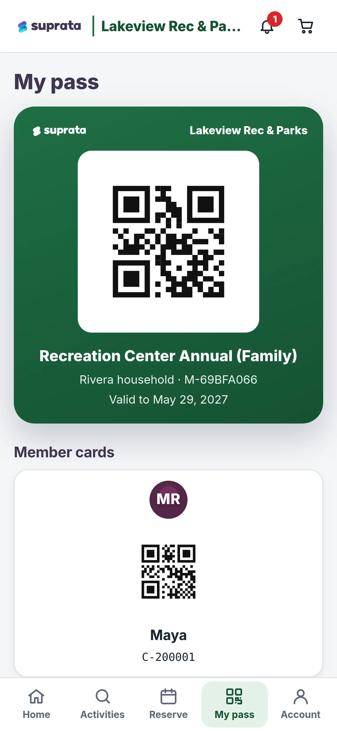 A family membership pass, in Suprata Recreation.
