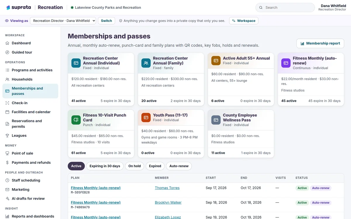 Recreation — memberships and passes