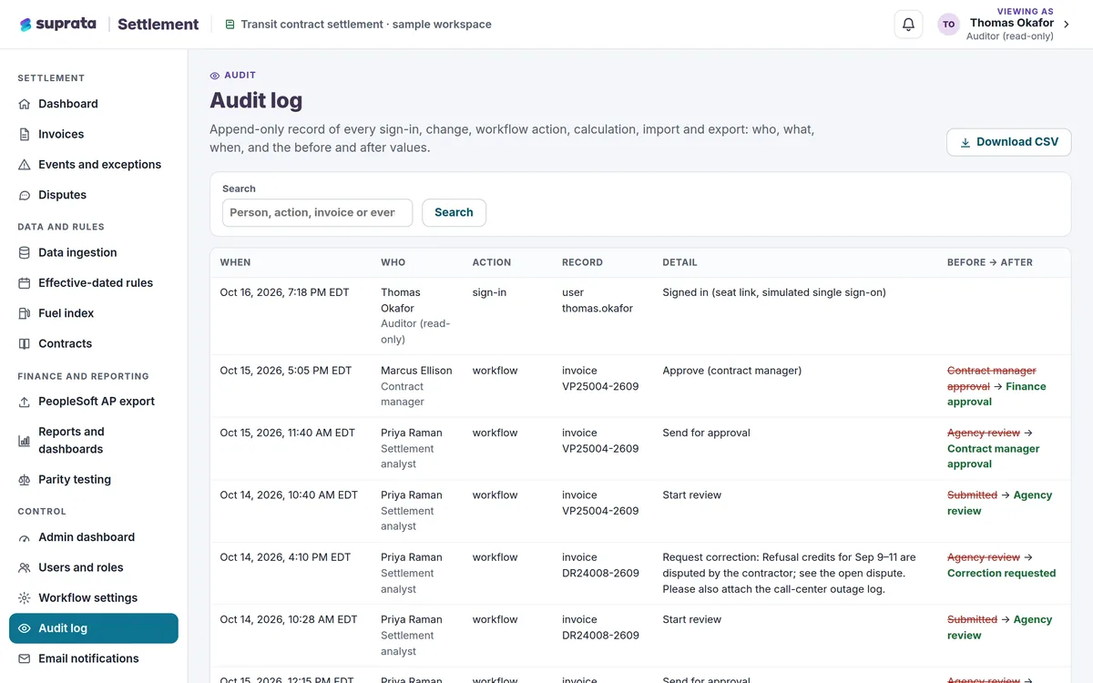 Settlement — audit log