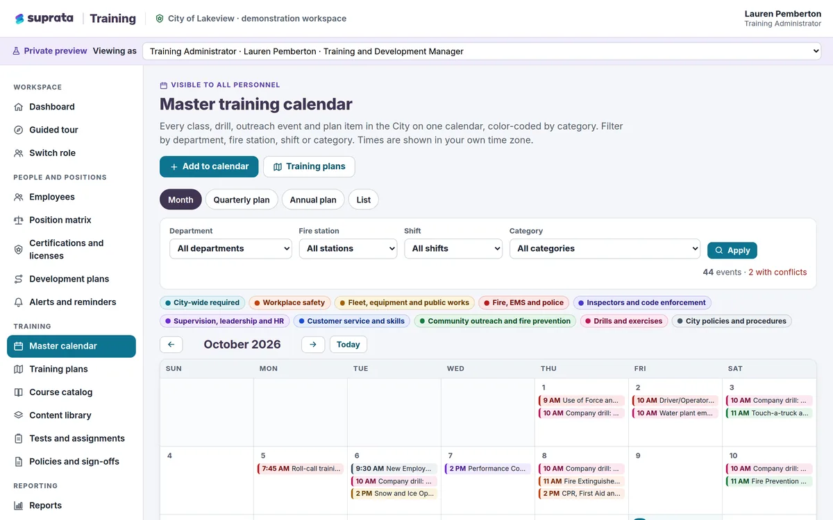 Training — master training calendar