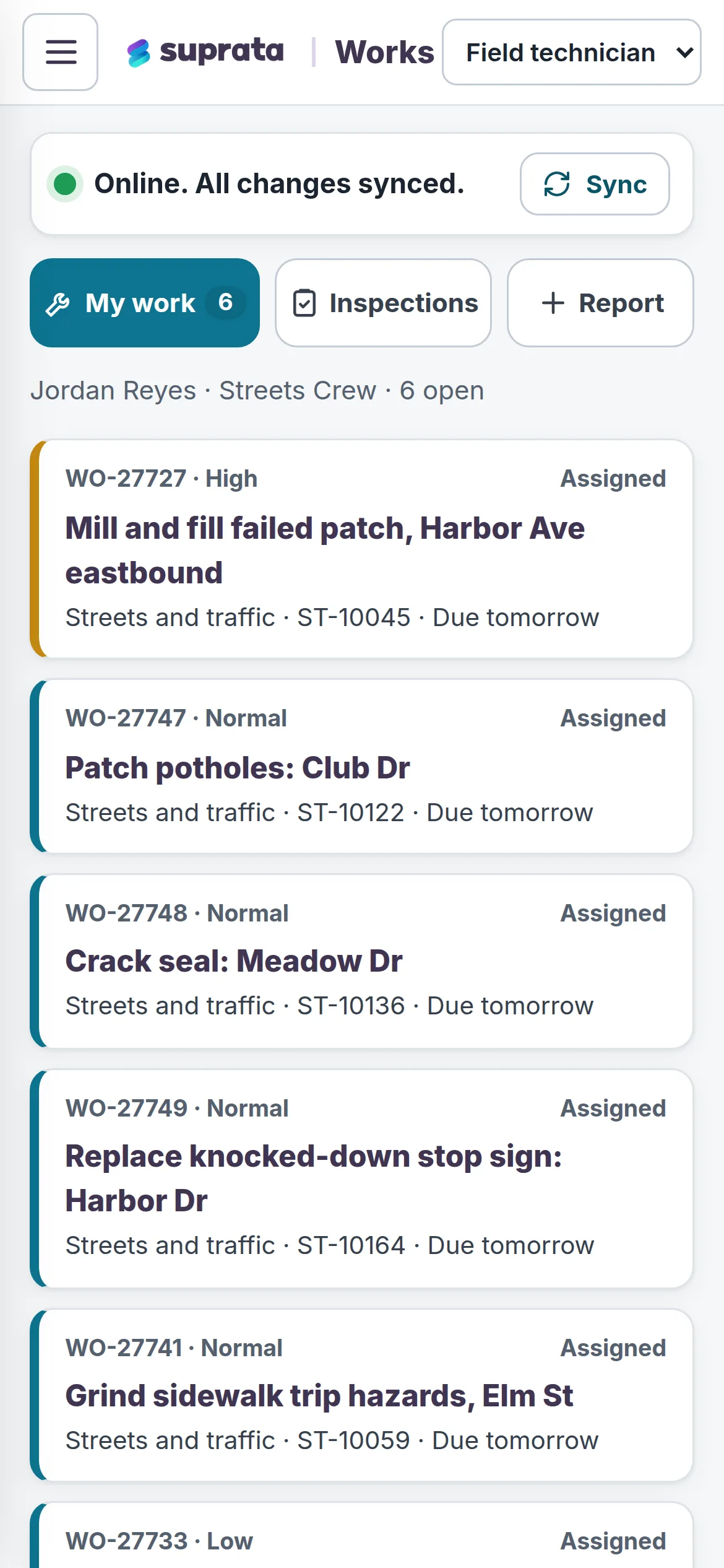Work orders for the day on a phone, in Suprata Works.